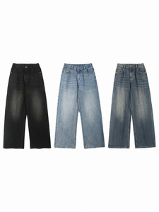 Jeans en denim décontractés pour hommes LKTM, style coréen, coupe droite, taille mi-haute, respirant, épaisseur de polaire moyenne, lavage moyen, vintage, jambe large - Product Image 5