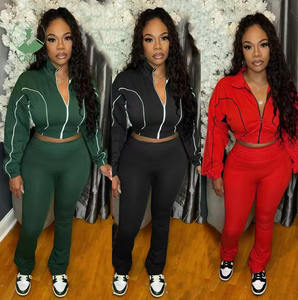 Setelan 2 Potong Wanita Terbaru 2025 Jaket Crop Kerah Tegak Resleting Polos Kasual dengan Celana Jogger Senada Setelan Training Dua Potong - Product Image 1