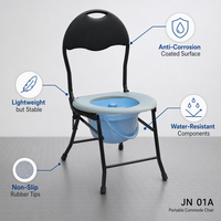 Chaise de toilette médicale pliable avec seau et couvercle, poignée, cadre en métal noir, largeur de siège 38 cm, approvisionnement en gros