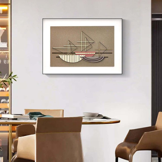 Sailboat Art Deco Abstract Dining Room Wall Decor Painting for Hotel Restaurant Office with Black Frame