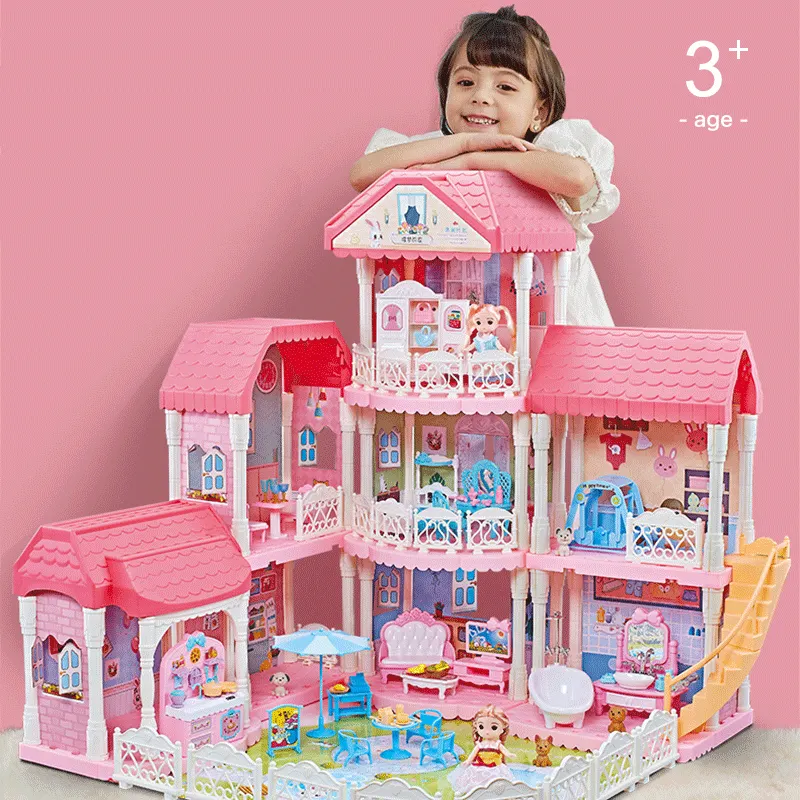 Casa de boneca de luxo, 4 pisos, princesa play house, conjunto, castelo, vila, diy, grande 1:12, miniatura, casa de bonecas