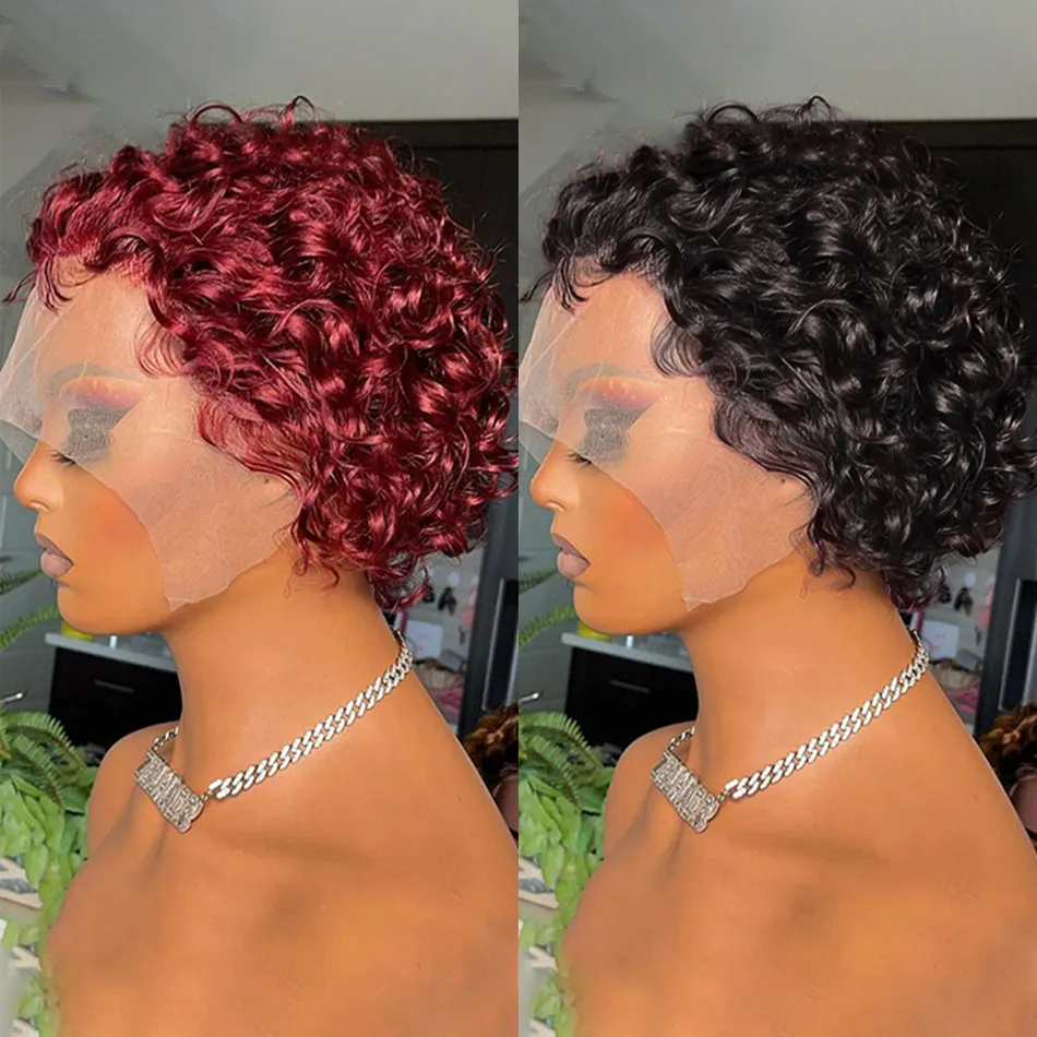 Curly Bob 13x2 Highlight Wig Human Hair Brazilian Remy 99J Burgundy Frontal Wigs For Women, Pixie Cut Lace Wig