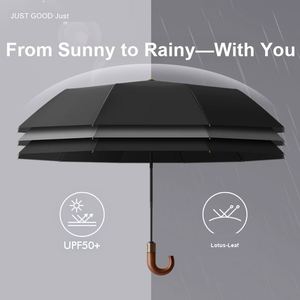 Parapluie automatique pour les trajets quotidiens et les voyages, diamètre de la baldaquin max. 125 cm, 10 baleines, structure en fibre de verre, revêtement noir UPF50, poignée en bois - Product Image 3
