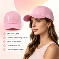 Cappello da Baseball Rosa in Cotone Lavato con Logo RBGC Ricamato sul Lato, Morbido e Non Strutturato, per Golf, Sport e Uso Quotidiano