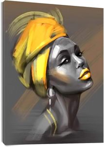 Quadro da Parete con Ritratto Dorato, Stampa su Tela Donna Africana a Colori Selettivi, Copricapo Giallo Metallizzato, Orecchini Argentati, Decorazione Contemporanea - Product Image 2