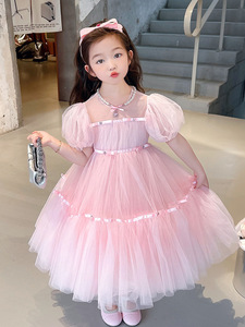 Kids Mesh Big Bottom Ribbon and Beads Decoration Princess <strong>Dress</strong> with Puff Sleeve Super Puffy <strong>Fairy</strong> Kids <strong>Dress</strong> Wholesale - Product Image 4