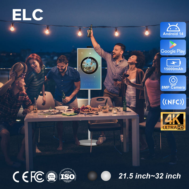 Outdoor 32" Portable Smart Display 15000mAh Battery 4K UHD Mobile Monitor on Wheels Android 14 Wireless Screen for BBQ Camping
