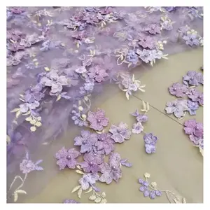 Wedding Fabric With pearls Multi color Embroidered lace applique flowers 3d lace