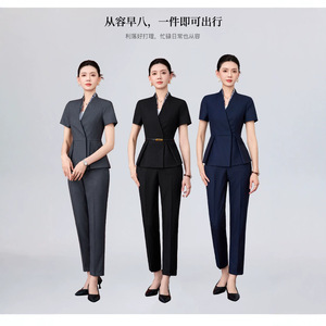 Women's Suit Set Short Sleeve Navy Blue Office Lady Professional Uniform Breathable Woven Fabric Business Commute Interview Wear - Product Image 2
