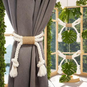 Porlau Modern Long Design Cotton Eco-Friendly Durable 18cm Woven <b>Magnetic</b> <b>Curtain</b> Holdbacks Tassel Tie Backs Wood Stone for - Product Image 2