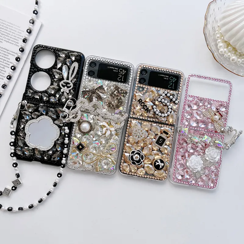 Bling – coque de téléphone transparente pour femmes, diamants scintillants, pour Samsung Galaxy z flip 4, miroir, chaîne, strass z fold 4, luxe, étui mobile