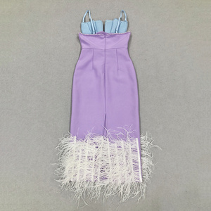 C3673 Dropshipping Abbigliamento Donna <span class=keywords><strong>Abito</strong></span> Midi Lavorato a <span class=keywords><strong>Maglia</strong></span> <span class=keywords><strong>Viola</strong></span> con Spalline Sottili e Piume <span class=keywords><strong>Abito</strong></span> Estivo da Festa per Signore - Product Image 5