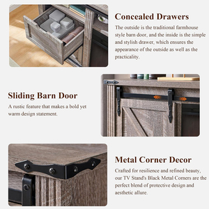Meuble TV de style farmhouse gris délavé, centre de divertissement en bois rustique avec 4 tiroirs et porte coulissante de grange pour le salon - Product Image 4