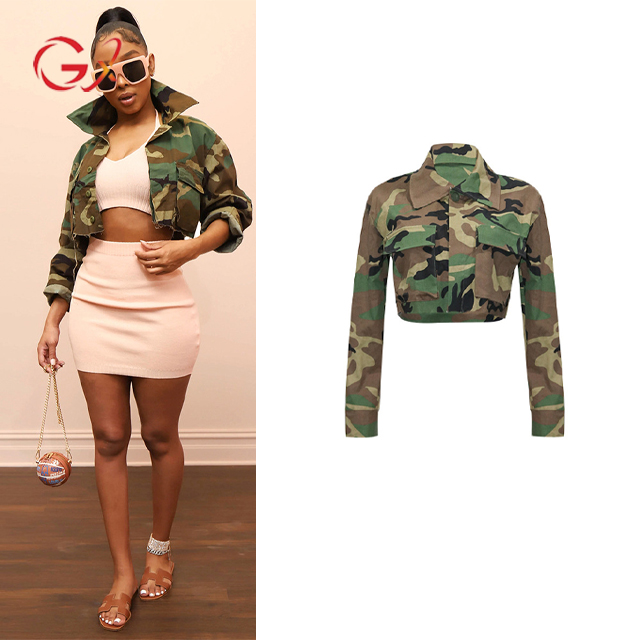 GX0421 Drop shipping 2023 spring women's long sleeve casual fashion camouflage print pocket lapel crop coat ladies camo jacket