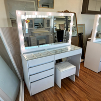 Table de toilette moderne blanche avec miroir LED à 3 couleurs et variateur d'intensité, bureau de maquillage en verre avec 9 tiroirs de rangement