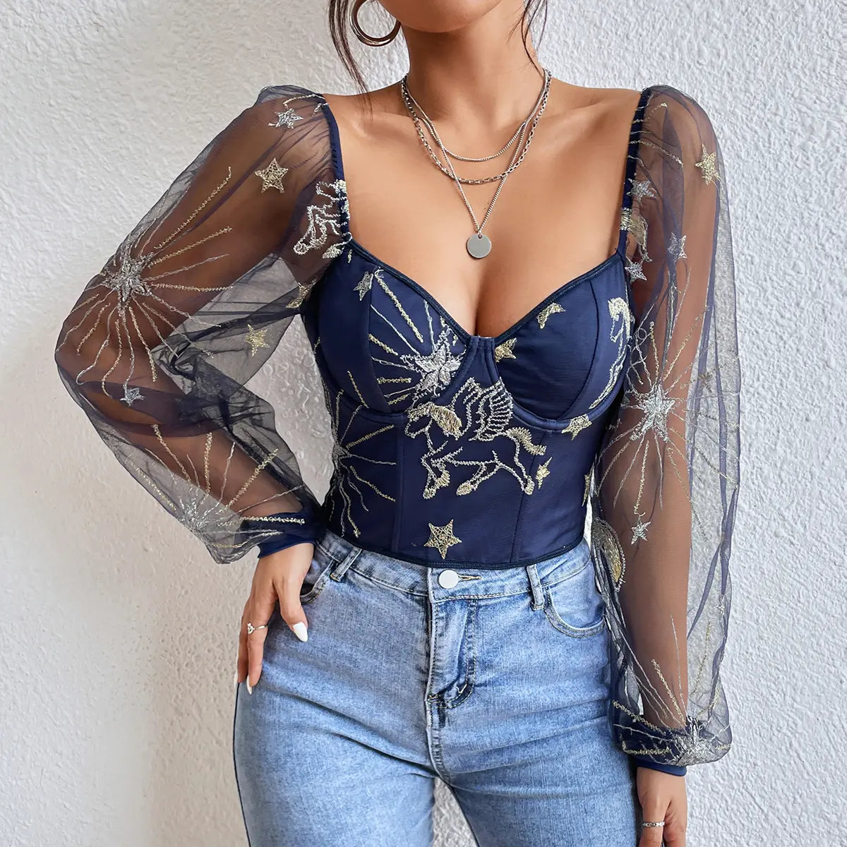 Embroidery Mesh Underwire Fishbone Long Sleeve Crop Top Blue Sexy Women's Blouses