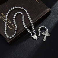 Collier chapelet Saint-Michel en argent vieilli vintage, perles rondes croix punk hip-hop, cordon blanc pour femmes et hommes