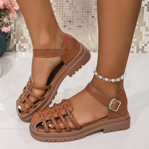 Women Summer New Retro Woven Roman Buckle <b>Sandals</b> Thick Sole Hollow Beach <b>Closed</b>-<b>Toe</b> <b>Sandals</b> - Product Image 6