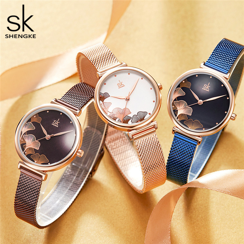 SHENGKE Orologio Donna Al Quarzo Con Cinturino In Acciaio Inossidabile A Maglie, Quadrante Nero, Impermeabile 30m, Regalo Con Confezione