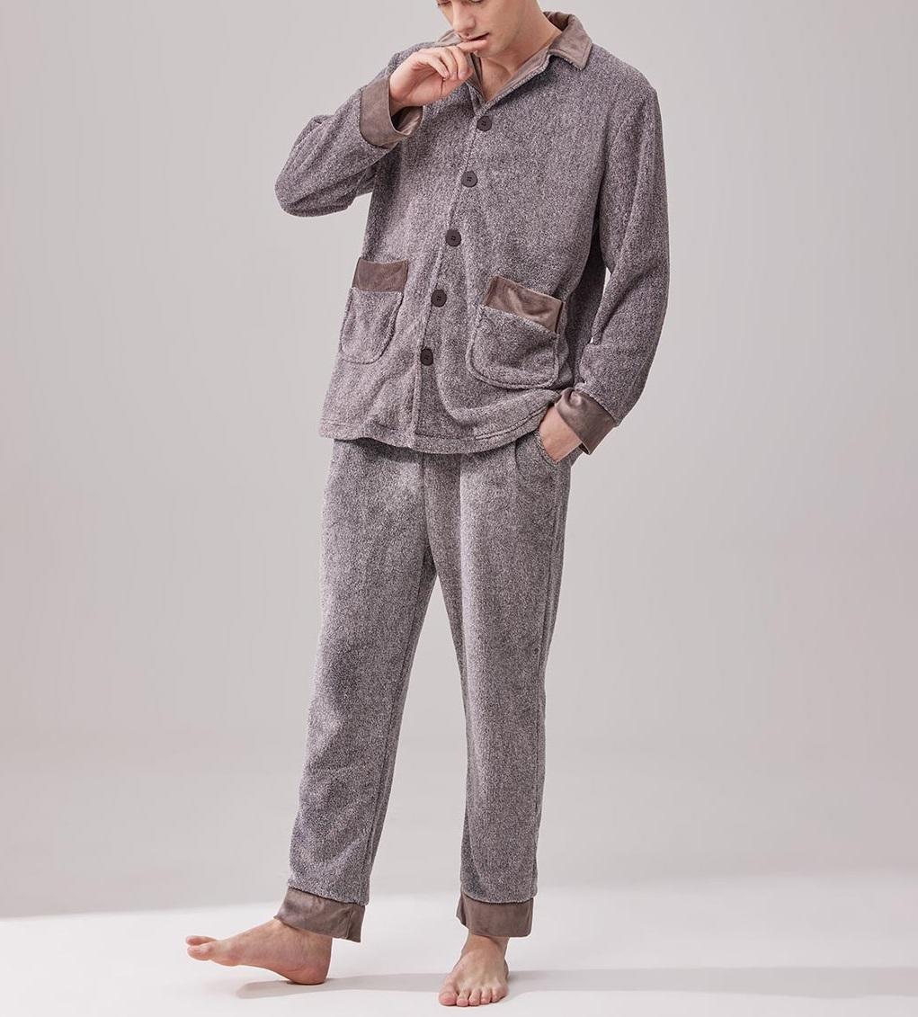 Oem Men's Luxury V-neck Pajamas Two Piece Set Soft And Cozy Sleepwear Pajama Men Flannel Fleece Pants Thick Fleece Pajama Pants 