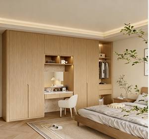 Dressing intégré haut de gamme en bois clair avec coiffeuse et éclairage intégrés, dressing de luxe, armoire en bois - Product Image 1