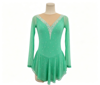 Robe de patinage artistique vert menthe à col en V et manches longues, avec découpe ovale et dos ouvert, pour filles adultes, compétition et performance