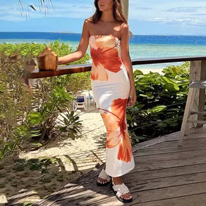 Vestido de férias com estampa floral laranja e ombro de fora novo design