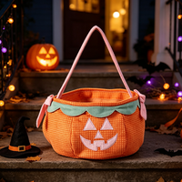 Sac de bonbons d'Halloween en forme de citrouille, mignon, brodé, en tissu de coton, avec poignée rose et dispositif de sécurité pour fête d'Halloween