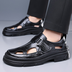 Sandales plates en cuir souple pour hommes, à fermeture Velcro, chaussures décontractées d'été, taille adulte 40 41 42 43 44 45 - Product Image 4