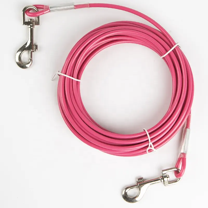 Solide doppelkopf-farbige vinylbeschichtete verzinkte stahldraht-kabel-baugruppe hunde-kabel 3mm mit langlebigen 304 eisen-wirbelclips