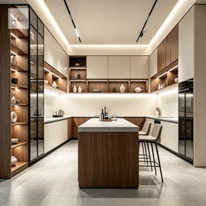 XINGRUO Set di Mobili da <span class=keywords><strong>Cucina</strong></span> Moderni a U con Grande Isola in Pietra e Dettagli in Noce, Arredamento <span class=keywords><strong>Cucina</strong></span> di Lusso Personalizzato - Product Image 2