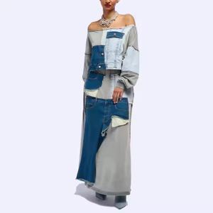 Conjunto de mezclilla para mujer al por mayor de alta calidad: Top corto sexy de un hombro y shorts de mezclilla mini con lavado ácido y efecto desgastado. - Product Image 1