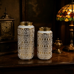 Juego de Jarrones de Cerámica con Encaje Geométrico Dorado de Lujo, Jarrones Decorativos Cilíndricos Blancos con Baño de Oro para Adorno de Mesa - Product Image 5