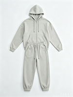 Ensemble de survêtement gris clair décontracté, personnalisable avec logo OEM, comprenant un sweat à capuche zippé épais et un pantalon assorti, style streetwear uni
