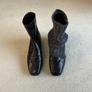 Versión en Piel de Vaca ~ Botines Minimalistas de Cuero para Mujer con Punta Cuadrada, Versátiles, Retro, con Cremallera Trasera, Elásticos, Ajustados y a la Moda - Product Image 4