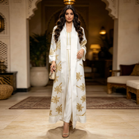 Schwerer Goldener Blumen-Bestickter Offener Umhang mit Innenvest und Gürtel Dubai Kaftan Muslimisches Kleid
