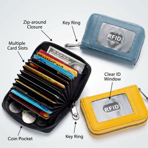 WRIZA Étui à cartes en cuir protégé par RFID avec fentes accordéon, compartiment zippé, design élégant, rangement sécurisé, utilisation quotidienne élégante - Product Image 6