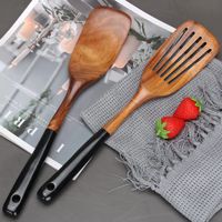 Ensemble spatule et cuillère en bois d'acacia 2 pièces, résistant à la chaleur, écologique, durable, sans danger pour les aliments, antiadhésif, noir, manche long