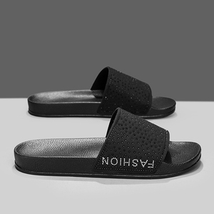 Black PU Slide Sandals Open Toe Breathable Rhinestone Decor EVA Outsole <b>Summer</b> Fashion <b>Slippers</b> - Product Image 6