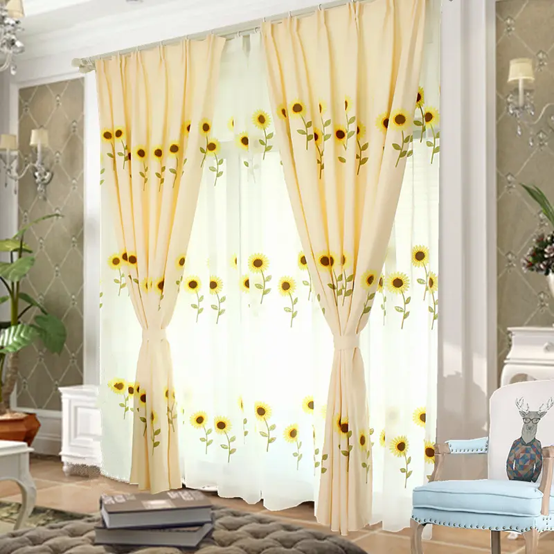 Rideau de gaze de tournesol de dessin animé brodé velours lin rideau occultant pour enfants tissu salon rideau de baie