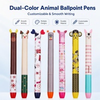 Stylo bille 2-en-1 double couleur, design oreilles d'animaux mignonnes en plastique, encre noire et bleue, impression de logo personnalisé par transfert pour étudiants et écoles