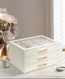 Joyero para mujer, organizador de joyas con tapa de cristal, <span class=keywords><strong>almacenamiento</strong></span> de 3 cajones, regalo de cumpleaños de Navidad, boda, <span class=keywords><strong>nube</strong></span>, blanco, lujo, elegante - Product Image 1