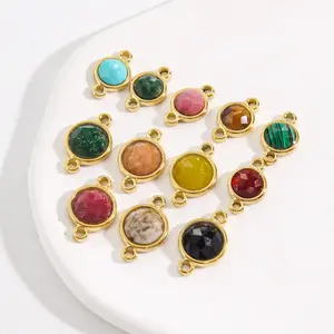 14K Stainless Steel Gold Plated Crystal Healing Stone Round Charm Pendant Connector Gemstone Double Bail Link Connector