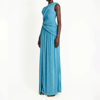 Robe de soirée longue élégante bleue pour femme ZYHT 73583, coupe fourreau fendue, plissée, asymétrique à une épaule, sans manches