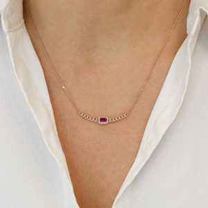 18k Gold Diamond Halo <b>Necklace</b>: Emerald Cut Sapphire, <b>Ruby</b>, or Emerald - Product Image 6