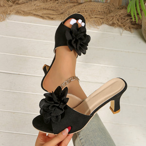 Elegant Fabric Flower Decoration Mule Slippers Peep Toe Mid <b>Block</b> Heel Women Dating Daily Footwear - Product Image 3