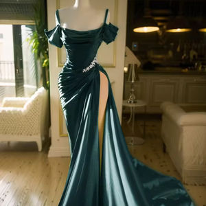 ชุดราตรีผ้าซาตินแบบเปิดไหล่ ดีไซน์หรูหรา สายเดี่ยวทรงเมอร์เมด แต่งระบายชายกระโปรงยาวผ่าหน้า ประดับลูกไม้ เหมาะสำหรับงานปาร์ตี้ - Product Image 2