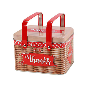 Cesta de picnic metálica con asa, diseño a cuadros rojos, etiqueta de agradecimiento, caja de almacenamiento metálica para regalos y aperitivos - Product Image 4
