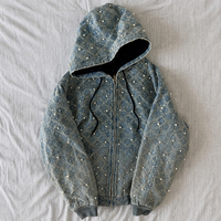 Blouson à capuche zippé en jean épais délavé à l'acide, personnalisé, unisexe, vintage, avec broderie 3D de perles et strass, pour homme