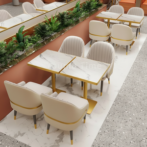 ชุดเฟอร์นิเจอร์ร้านอาหารหรูหรา <span class=keywords><strong>โต๊ะ</strong></span>และเก้าอี้โลหะสีทองสำหรับร้านอาหารเชิงพาณิชย์ โซฟา<span class=keywords><strong>ไม้</strong></span>แบบบูธ เหมาะสำหรับโรงแรม - Product Image 1